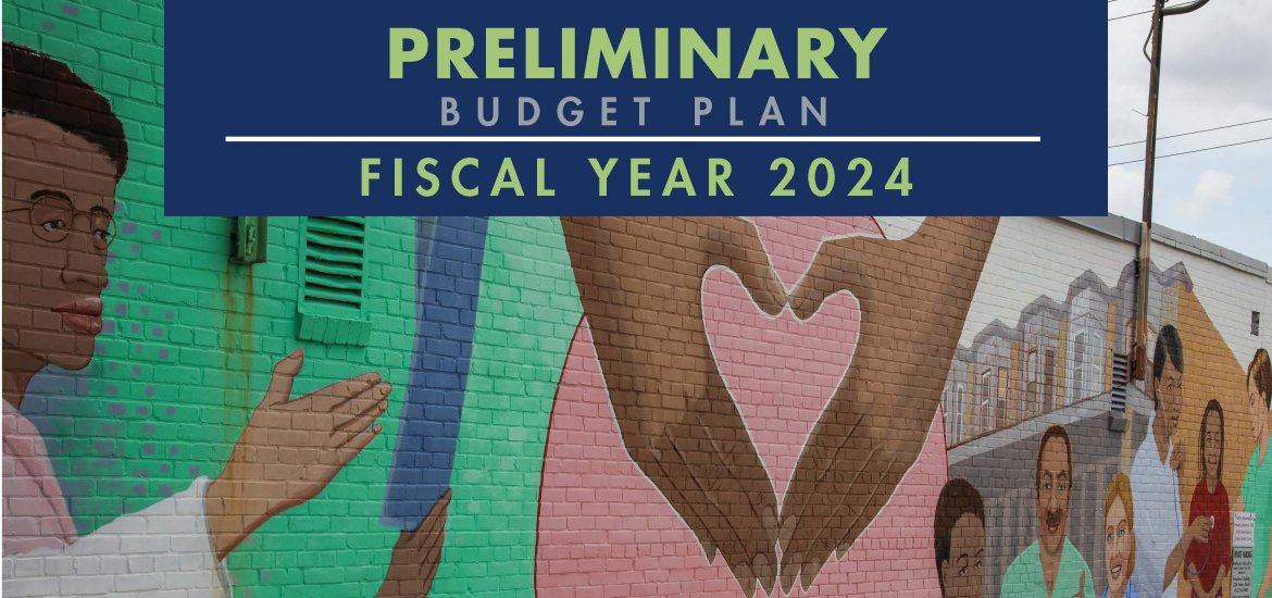 Top half image of mural with hands in a heart over Baltimore City skyline and smiling people in a neighborhood, with blue text block at top, "Preliminary Budget Plan Fiscal Year 2024". Bottom half with photo collage of pictures of children and older woman